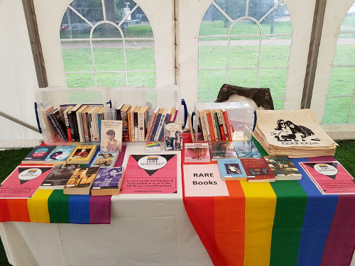 Bookstall decorated with rainbow flags